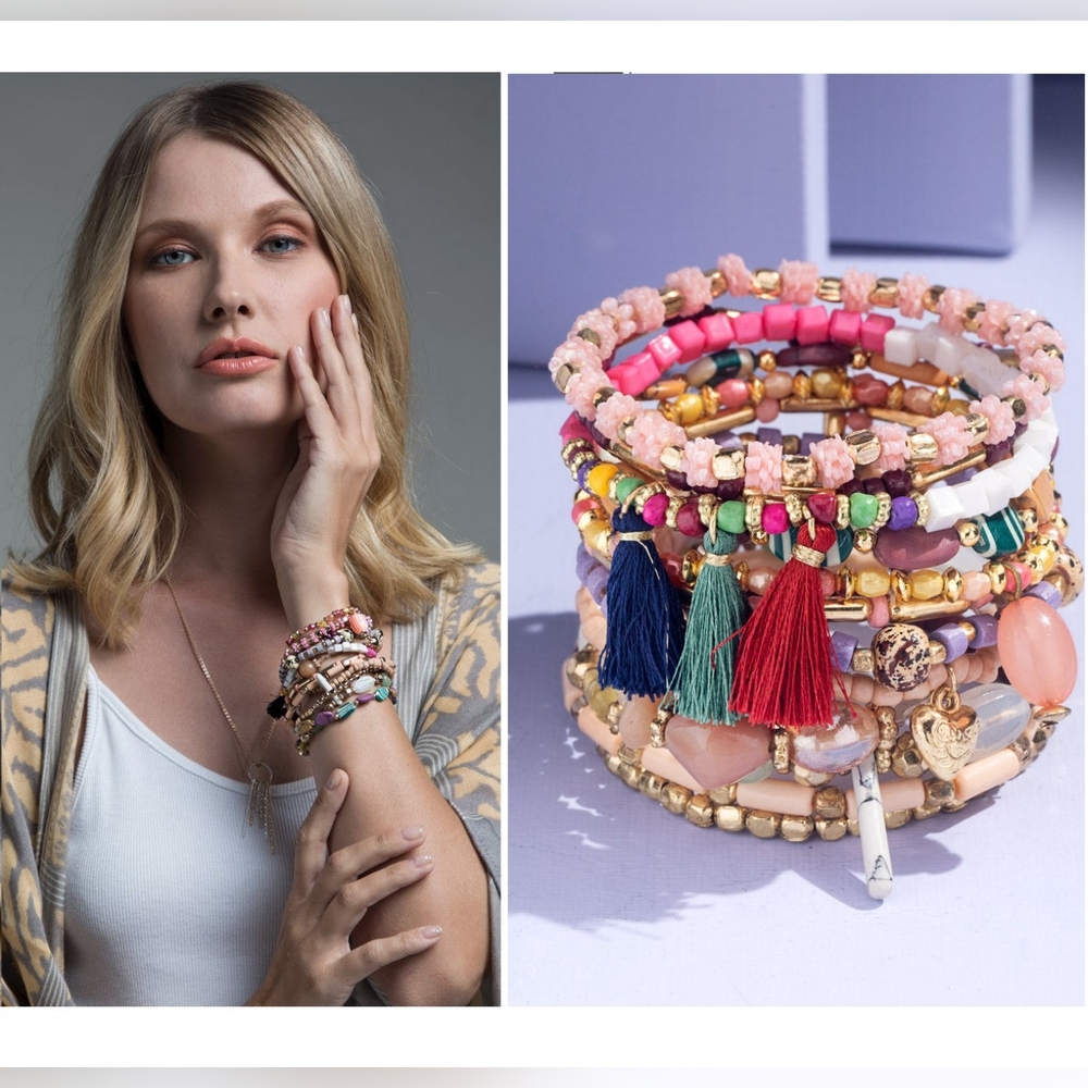 Pink Bohemian Multi Strand Stretch Bracelet w Tassles & Charms
